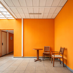 orange wall with the table and chair
