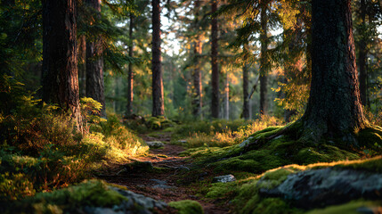 Naklejka premium Nordic pine forest in the evening light. Short depth-of-field.