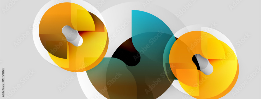 Poster abstract design features overlapping colorful circles. orange, teal, brown hues create dynamic visua