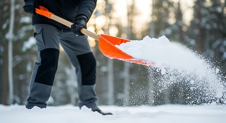Man shoveling snow in winter forest with bright orange shovel creating snow flurry in sunlight