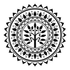 Monochrome Tree of Life Mandala Illustration with Intricate Circular Pattern on a White Background                                                    