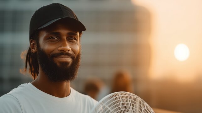 Man smiling with a fan at sunset rooftop lifestyle photography urban environment warm atmosphere