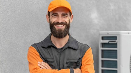 Skilled technician smiling at work urban environment professional portrait friendly atmosphere close-up shot career motivation