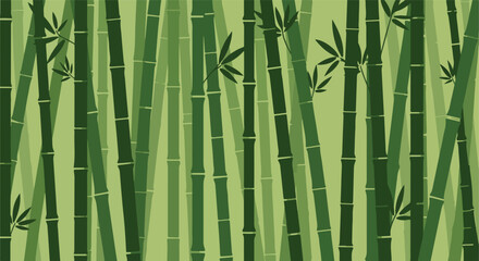 Dense bamboo forest with various shades of green and sparse leaves detail