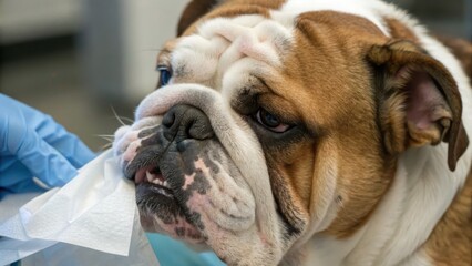 Obraz premium Close-Up of a Bulldog During Grooming at a Veterinary Clinic