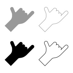 Shaka symbol hand hawaiian greeting gesture sign call me sign telephone loose surf up set icon grey black color vector illustration image solid fill outline contour line thin flat style