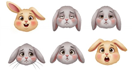 Fototapeta premium Cartoon rabbit heads with different emotions