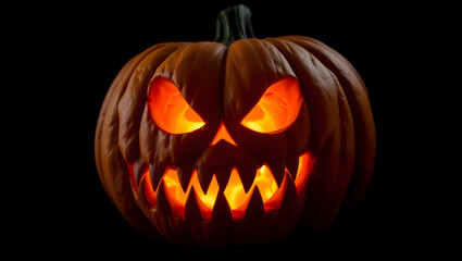 Fototapeta premium Scary glowing Jack-o'-lantern with a sinister carved face, isolated on a black background for a spooky Halloween concept.