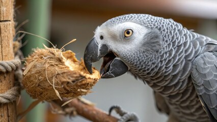 Fototapeta premium Gray parrot eating natural nesting material in wildlife setting
