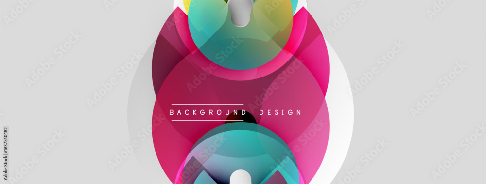 Poster abstract colorful shapes overlap, creating dynamic composition. pink dominates, with turquoise accen