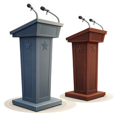 Two podiums with microphones ready for a crucial political debate or important presentation event