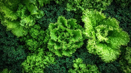 Fresh, vibrant greens arranged in a wall display. Lush leaves of various types, creating a captivating pattern