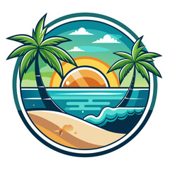 Obraz premium Vector art of vibrant tropical beach vista with two palm trees framing a sunlit ocean and sandy shore, perfect for a summer vacation or travel theme
