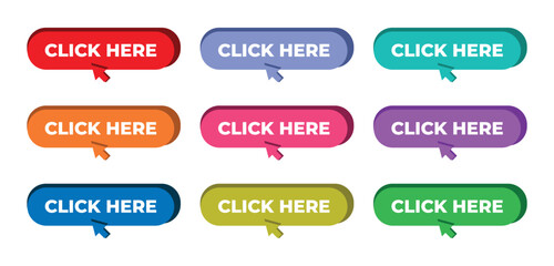 Collection of Colorful Click Here Buttons with Mouse Cursors