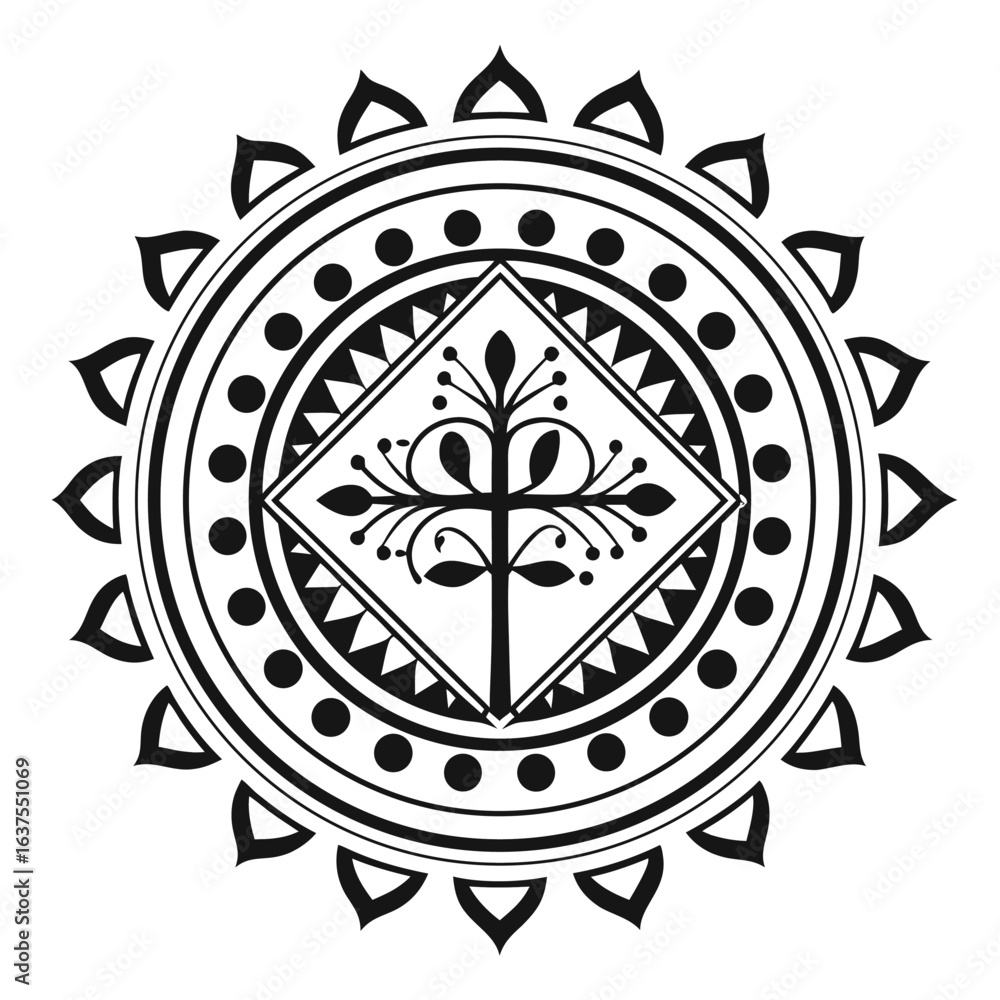 Poster monochrome vector mandala with tree of life symbol in diamond shape for geometric design concepts (i
