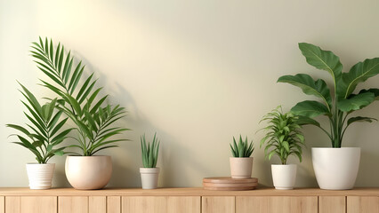 Fototapeta premium Light Beige Wall Minimalist Wooden Shelving Display Featuring Various Green Potted Plants Including Palm Dracaena And Aloe Vera In Cream And White Pots