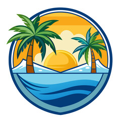 Vector art of vibrant tropical beach scene at sunset with palm trees and ocean waves, depicted in a circular emblem style, evoking a sense of paradise and summer vacation
