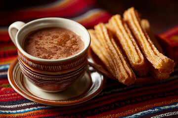 Enjoying rich hot chocolate with freshly baked churros in a cozy Spanish café on a chilly afternoon in Spain