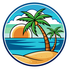 Obraz premium Vector art of serene summer beach scene with two leaning palm trees on a sandy shore against a backdrop of the ocean and a setting or rising sun