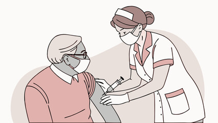 Nurse administering vaccine to elderly person during pandemic.