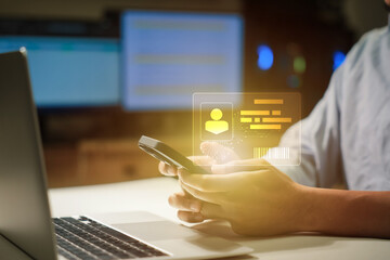 Digital identification or digital ID. Businessman and hand touch virtual screen of digital...