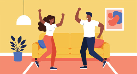 Cheerful couple celebrating in a yellow interior setting, joyfully raising arms
