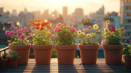Colorful rooftop garden at sunset