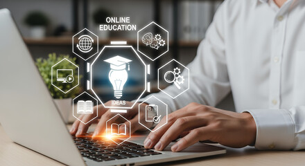 E-learning and online education concept. Online training programs and personalized learning. Person using laptop with E-learning icons on interface screen.
