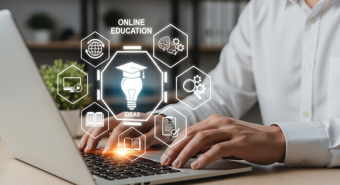 E-learning and online education concept. Online training programs and personalized learning. Person using laptop with E-learning icons on interface screen.