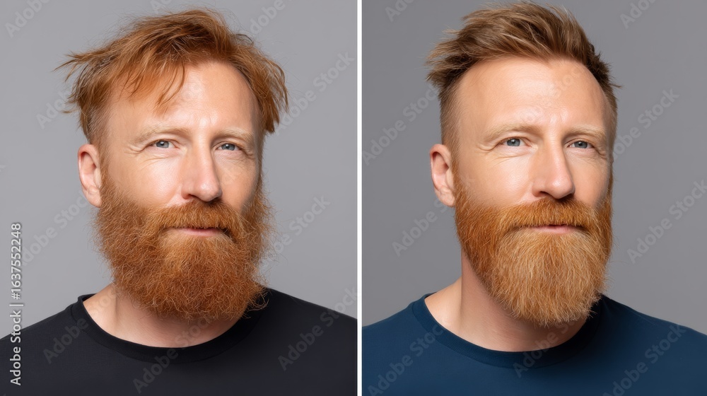 Aufkleber the man on the left has a beard that is unkempt and ungroomed, while the man on the right has a well