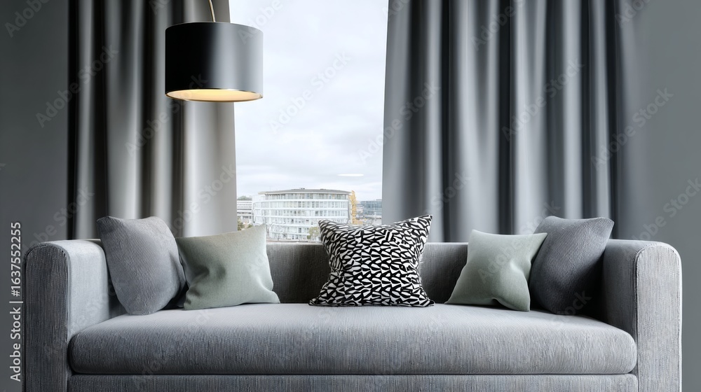 Poster gray couch with a black lamp and a window in the background. the couch is covered in pillows and the