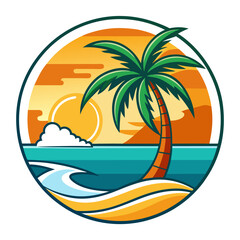 Obraz premium Vector art of stylized circular illustration of a tropical beach scene at sunset with a lone palm tree, calm ocean, and sandy shore, perfect for summer vacation themes