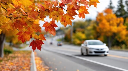 Vibrant fall foliage hangs over a blurred road with cars, creating a scenic autumnal view.