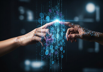 Photo of two hands reaching out to touch a glowing digital network of data and hexagons,...