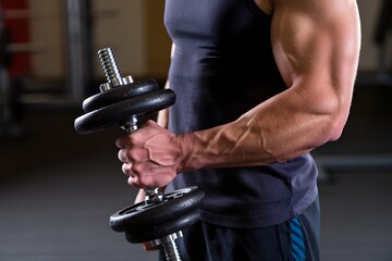 man lifting weights. body health. close up photo of body builder muscles