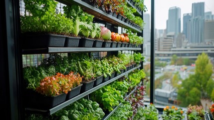 Urban vertical garden with fresh produce