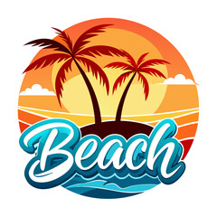 Vector art of stylized circular emblem showcasing two silhouetted palm trees on a small island against a vibrant sunset and ocean waves
