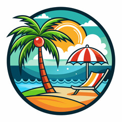 Vector art of a vibrant circular illustration depicts a tropical beach scene with a leaning palm tree, a striped umbrella, and a lounge chair under a bright sun and blue sky with clouds
