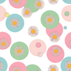 Daisy Circle Delight: A cheerful illustration showcases a seamless pattern of daisies enclosed within vibrant, colorful circles and smaller bubble, creating a playful and lighthearted visual.