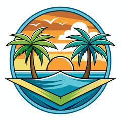 Obraz premium Vector art of stylized circular emblem featuring two palm trees on a tropical island beach during a vibrant sunset or sunrise, with ocean waves and flying birds