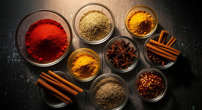 An overhead view of various colorful spices and herbs in glass bowls on a dark, textured surface.