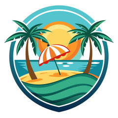 Vector art of idyllic tropical island getaway featuring palm trees, a sandy beach, and the sun setting over the calm ocean waters