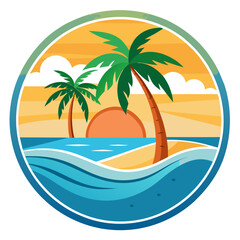 Vector art of serene tropical beach at sunrise with two palm trees, gentle waves lapping the shore, and a bright sun rising over the horizon
