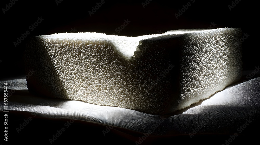 Poster light highlights the textured surface of a block of foam.