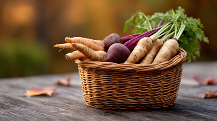 Freshly harvested root vegetables including carrots, parsnips, and beets arranged in a rustic wicker basket on a wooden table, showcasing natural colors and textures in a seasonal setting