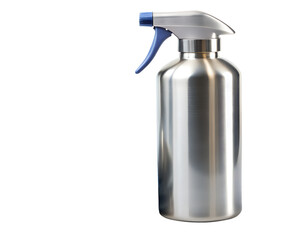 Silver metal spray bottle with blue trigger isolated on transparent background