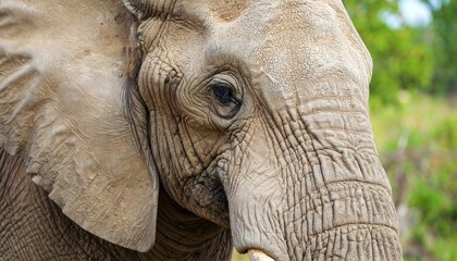 Fototapeta premium Close up portrait of african elephant face with wrinkled skin and eye detail wildlife photo