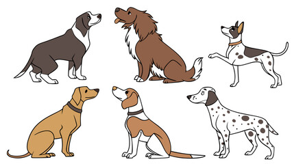 Naklejka premium Six Cartoon Dogs of Various Breeds in Different Poses.
