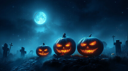 Naklejka premium Halloween Night Pumpkins: In the moonlit ambiance of Halloween night, three carved pumpkins with glowing faces illuminate a spooky cemetery scene.