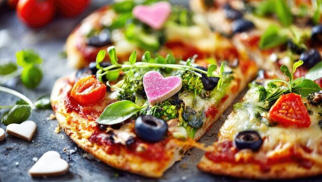 Heart-shaped pizza slices, topped with vegetables and cheese